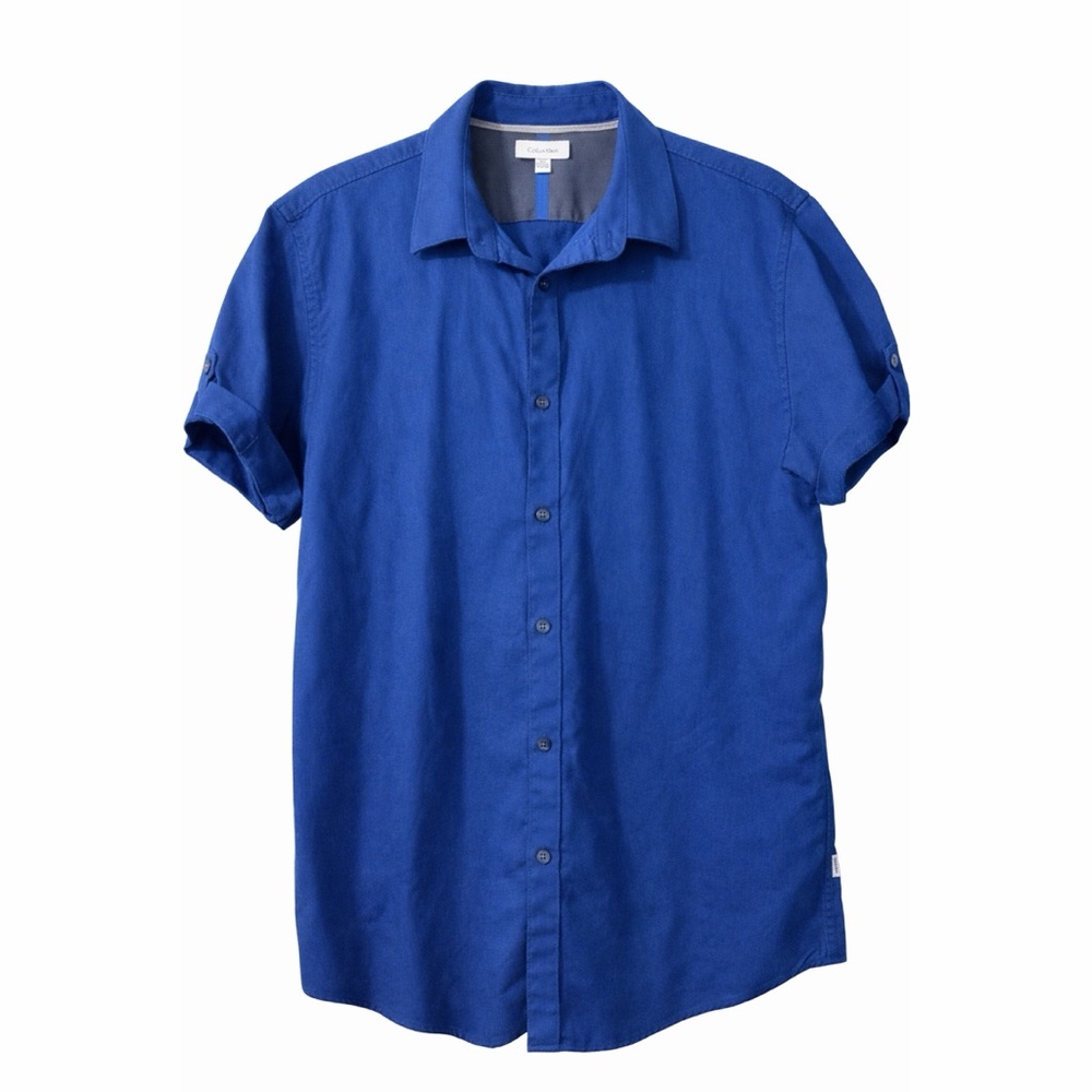 Calvin Klein Blue Textured Cotton Button-Up Spring Casual Shirt L
